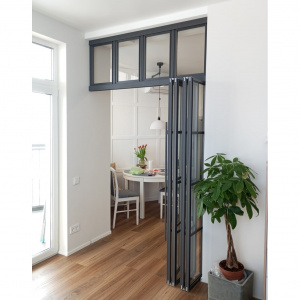 Раздвижные перегородки в проем складные с фрамугой 1500х2700 черный/стекло прозрачное