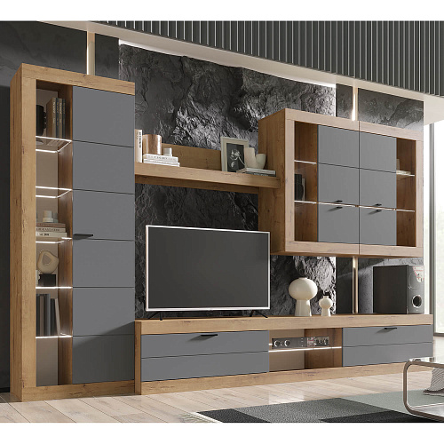 Шкаф-витрина ПРАГА Дуб Вотан/Графит софт