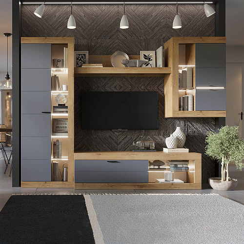 Шкаф-витрина ПРАГА Дуб Вотан/Графит софт