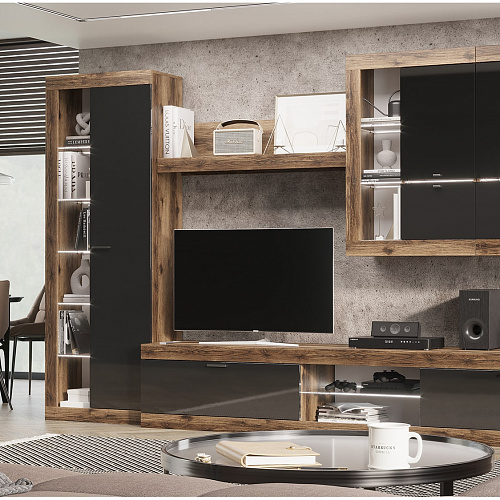 Гостиная ПРАГА №5 Дуб делано/Черный глянец