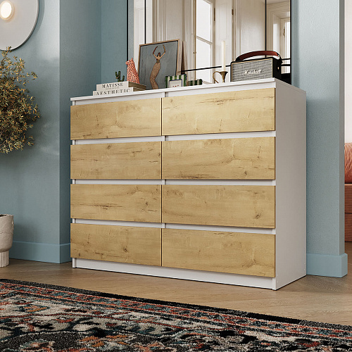 Комод ВЕГА Люкс 8Я Белый гладкий/Дуб Вотан