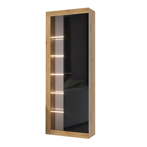 Шкаф-витрина ПРАГА Дуб Вотан/Черный глянец