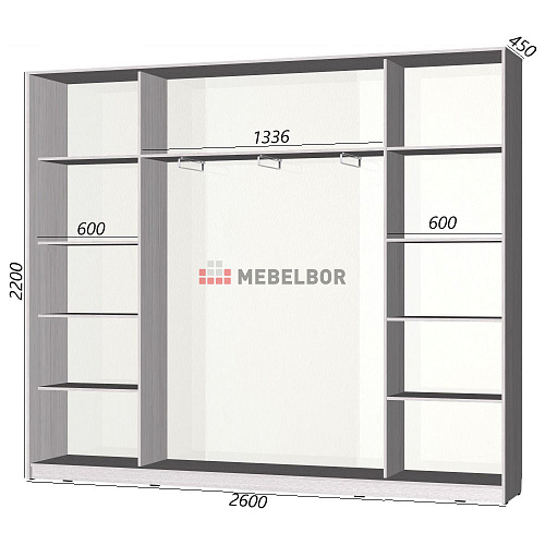Шкаф-купе Старт 3-дверный с зеркалом и 2 МДФ 2600 (высота 2200, глубина 450)