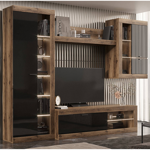 Гостиная ПРАГА №4 Дуб делано/Черный глянец