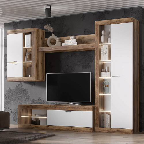 Шкаф-витрина универсальная ПРАГА Дуб делано/Белый гладкий