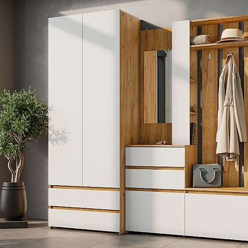 Шкаф двухстворчатый с ящиками Некст 1 Дуб Золотой/Белый