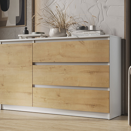 Комод ВЕГА 1Д-3Я Белый гладкий/Дуб вотан