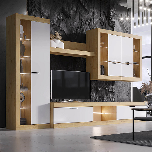 Шкаф-витрина ПРАГА Дуб Вотан/Белый гладкий