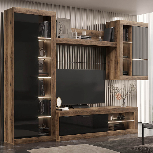 Гостиная ПРАГА №4 Дуб делано/Черный глянец