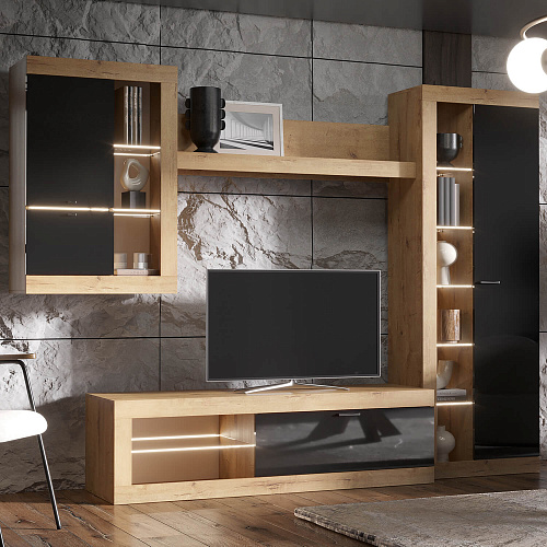 Шкаф-витрина ПРАГА Дуб Вотан/Черный глянец