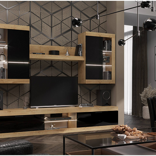 Гостиная ПРАГА №3 Дуб вотан/Черный глянец