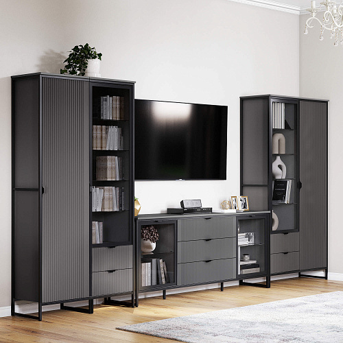 Комод Нора-2 2 двери и 3 ящика с витринами Металл Бруклин/Графит