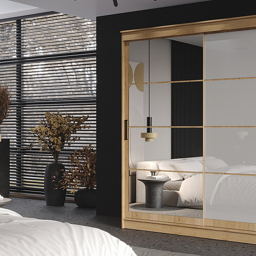 Шкаф-купе ГРАНД 1 2,0 Дуб вотан/Зеркало/Лакобель белый