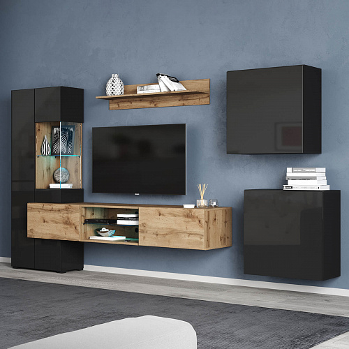 Гостиная НК POINT ТИП-70 Дуб Вотан/Чёрный глянец