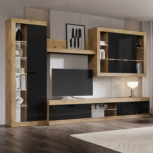 Гостиная ПРАГА №5 Дуб вотан/Черный глянец