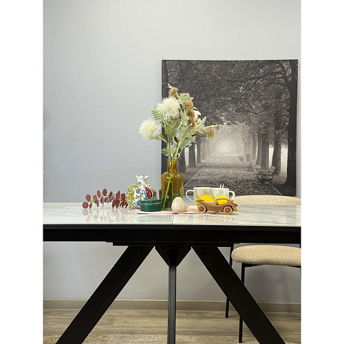 Стол обеденный Kenner DL1600 черный/керамика мрамор белый глянец