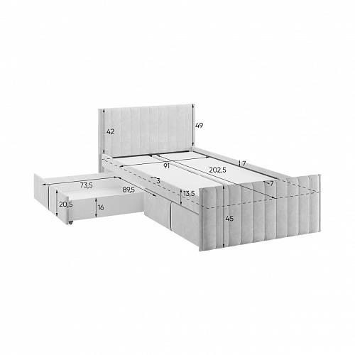 Кровать с ящиками Твикс 90х200 галька (велюр)