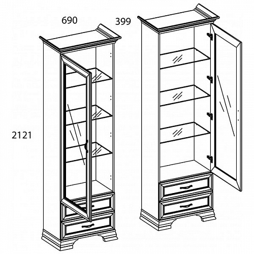 Шкаф с витриной 1V2S TIFFANY Вудлайн кремовый