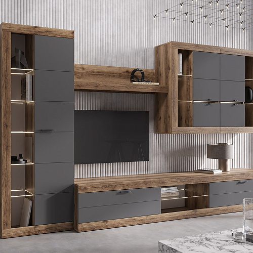 Шкаф-витрина ПРАГА Дуб Делано/Графит софт