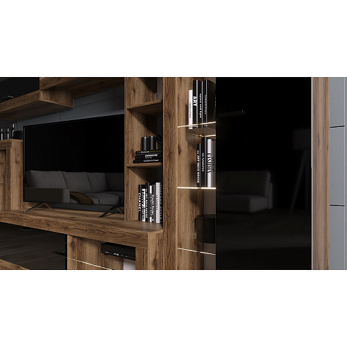 Шкаф-витрина ПРАГА Дуб Делано/Черный глянец