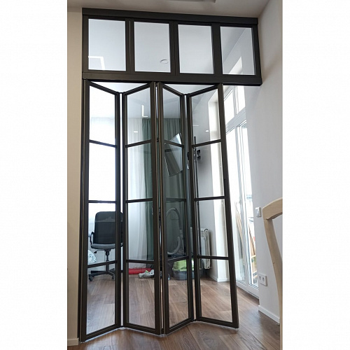 Раздвижные перегородки в проем складные с фрамугой 1500х2700 черный/стекло прозрачное