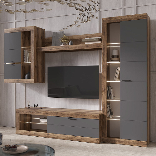 Шкаф-витрина универсальная ПРАГА Дуб делано/Графит софт