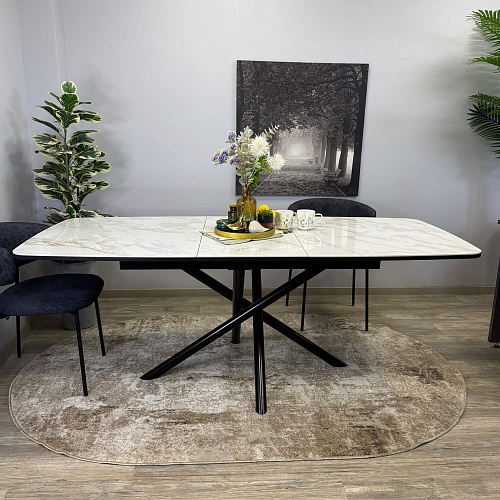 Стол обеденный Kenner DF1550 черный/керамика мрамор белый глянец