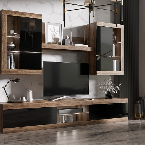 Гостиная ПРАГА №3 Дуб делано/Черный глянец