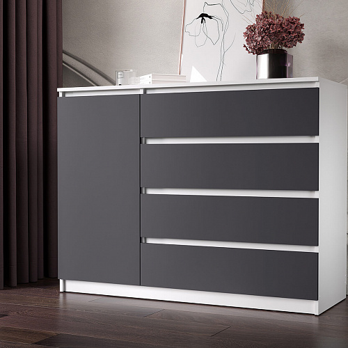 Комод ВЕГА Люкс 1Д-4Я Белый гладкий/Графит