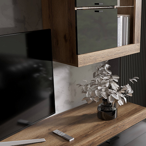 Шкаф-витрина универсальная ПРАГА Дуб делано/Черный графит