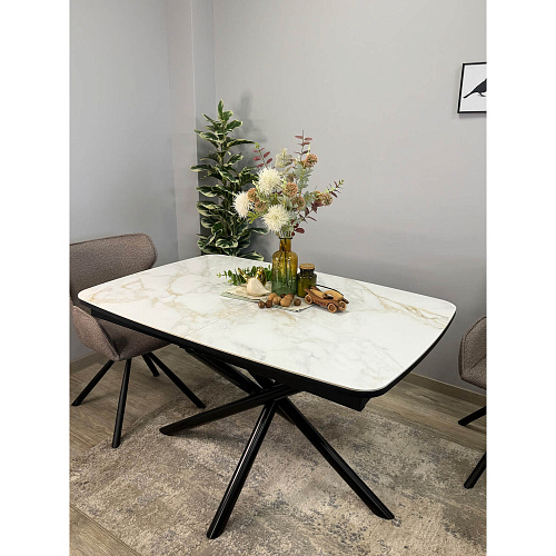 Стол обеденный Kenner DF1250 черный/керамика мрамор белый глянец