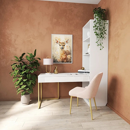 Стол со стеллажом Мишель Белый супер/Золото