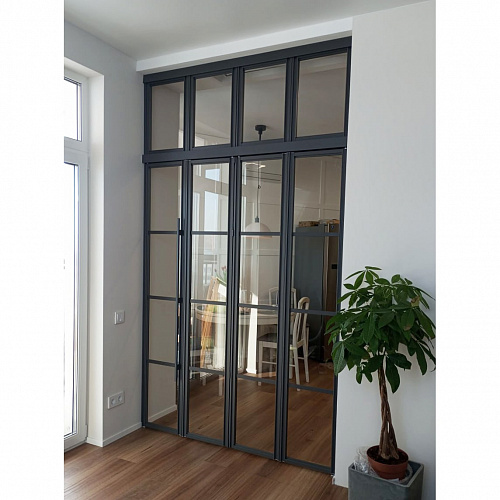 Раздвижные перегородки в проем складные с фрамугой 1500х2700 черный/стекло прозрачное