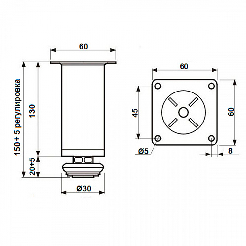 Ножка мебельная, 150х30мм регулируемая, хром
