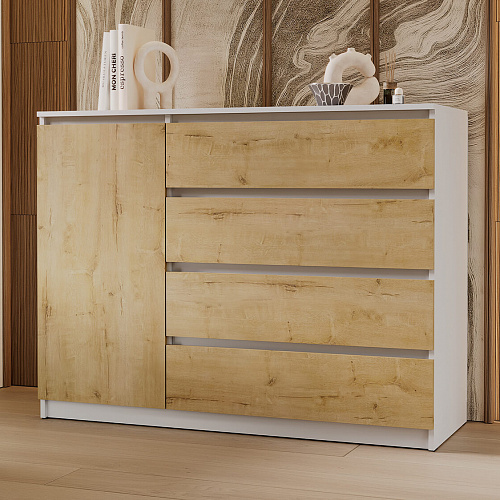 Комод ВЕГА Люкс 1Д-4Я Белый гладкий/Дуб Вотан