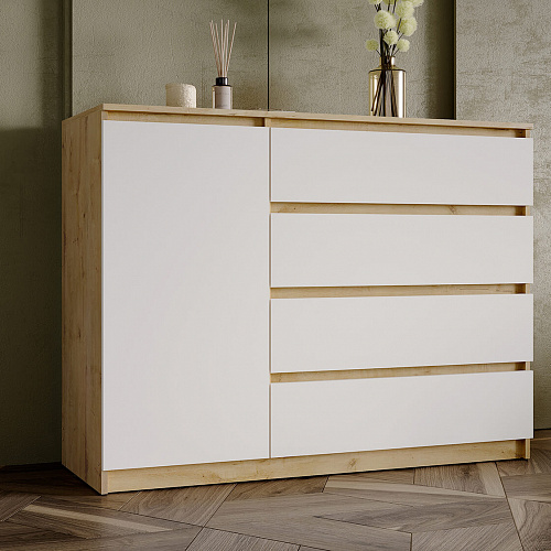 Комод ВЕГА Люкс 1Д-4Я Дуб Вотан/Белый гладкий