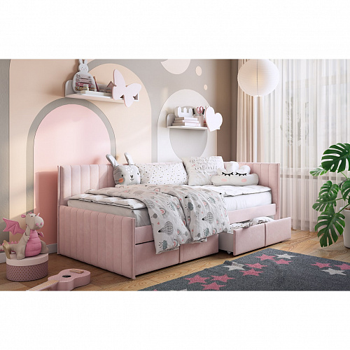 Кровать с ящиками Твикс (Софа) 90х200 нежно-розовый (велюр)