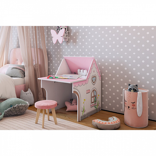 Стол Домик белое дерево/розовый