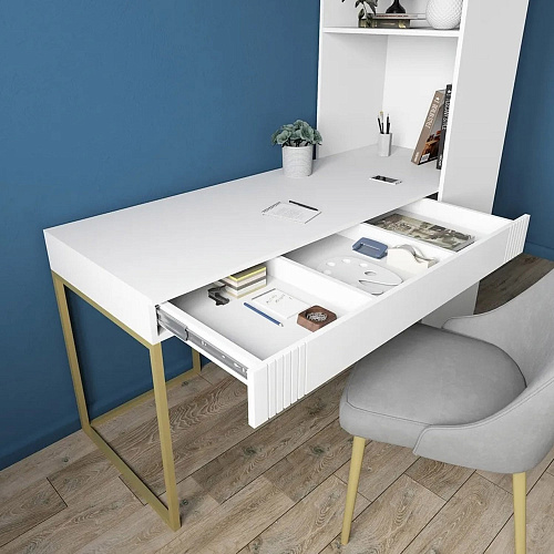 Стол со стеллажом Мишель Белый супер/Золото