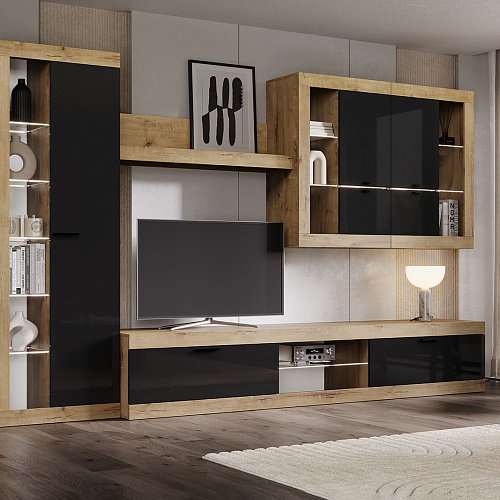 Гостиная ПРАГА №5 Дуб вотан/Черный глянец