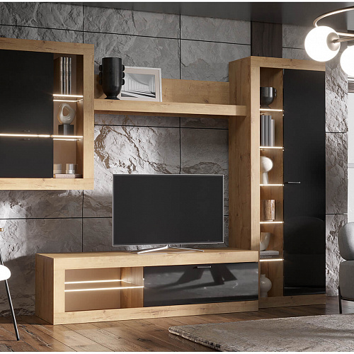 Гостиная ПРАГА №4 Дуб вотан/Черный глянец