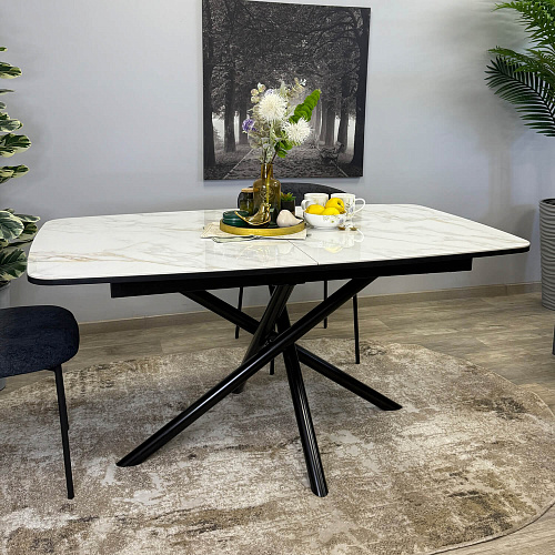 Стол обеденный Kenner DF1550 черный/керамика мрамор белый глянец