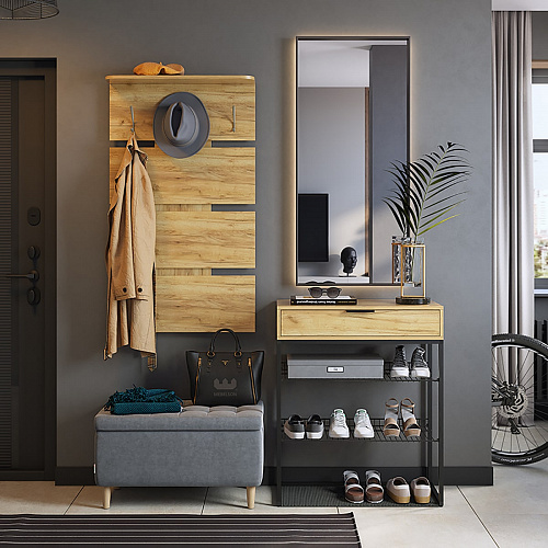 Обувница Краш черный муар/дуб крафт золотой