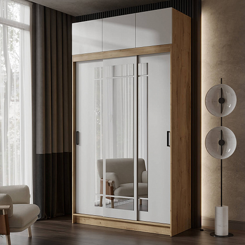 Шкаф-купе БРУНО 4 с антресолью Дуб Вотан/Белый гладкий