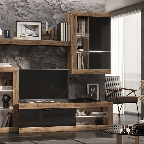 Гостиная ПРАГА №2 Дуб делано/Черный глянец