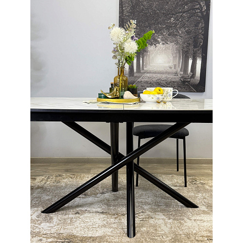 Стол обеденный Kenner DF1550 черный/керамика мрамор белый глянец