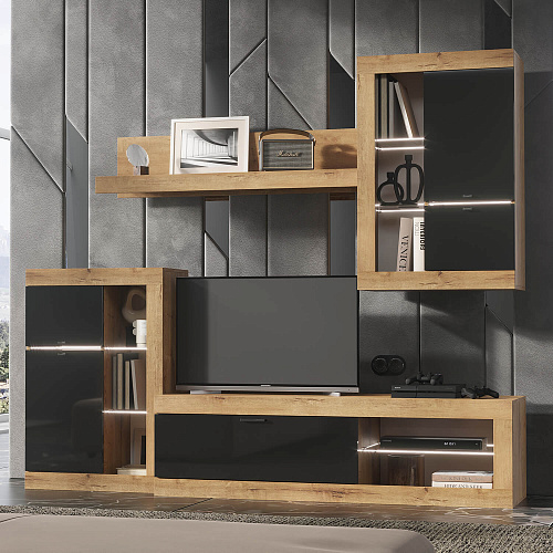 Шкаф-витрина универсальная ПРАГА Дуб Вотан/Черный глянец