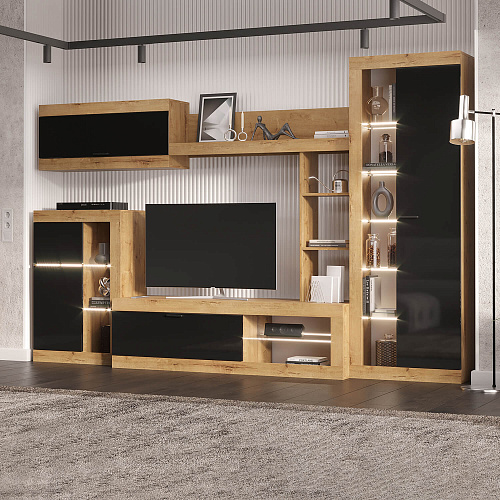 Шкаф-витрина ПРАГА Дуб Вотан/Черный глянец