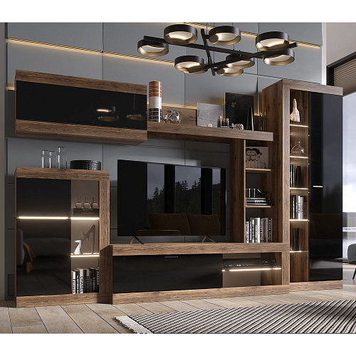 Шкаф-витрина ПРАГА Дуб Делано/Черный глянец